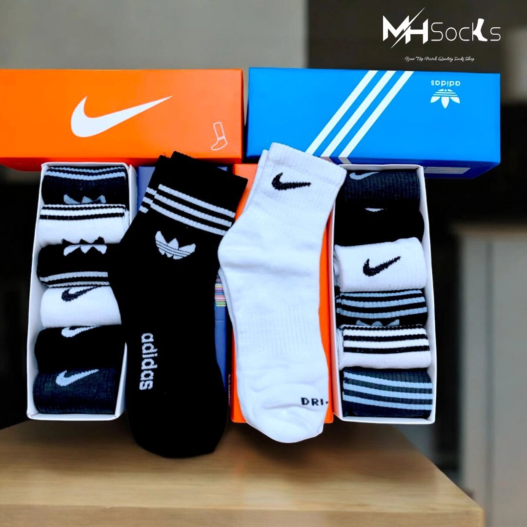 Nike&adidas mix mid crew Socks Combo Pack (6 Pair in 1 Box)